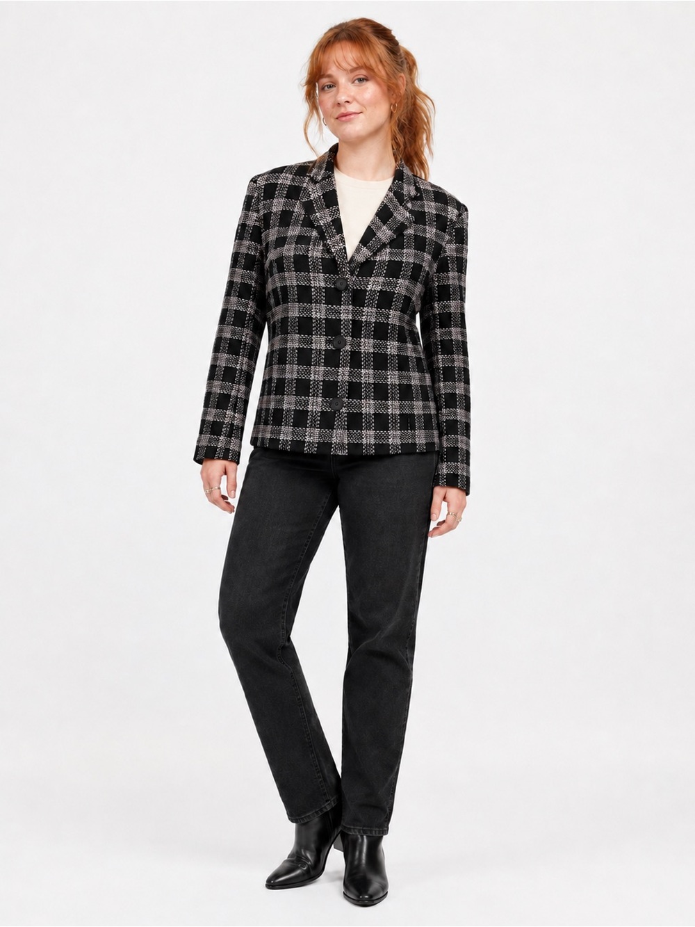 Vintage Y2K Requirements Black Pink Windowpane Plaid Bouclé Blazer Size 12